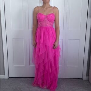 B Darlin Hot Pink Ruffled Tiered Gown with Spaghetti Straps
